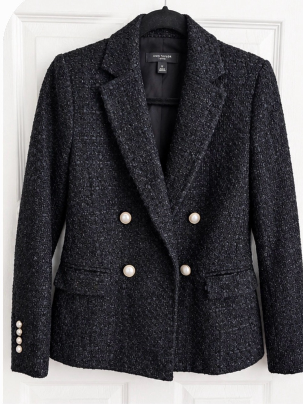 Ann Taylor Black Tweed Double-Breasted Blazer with Pearl Buttons